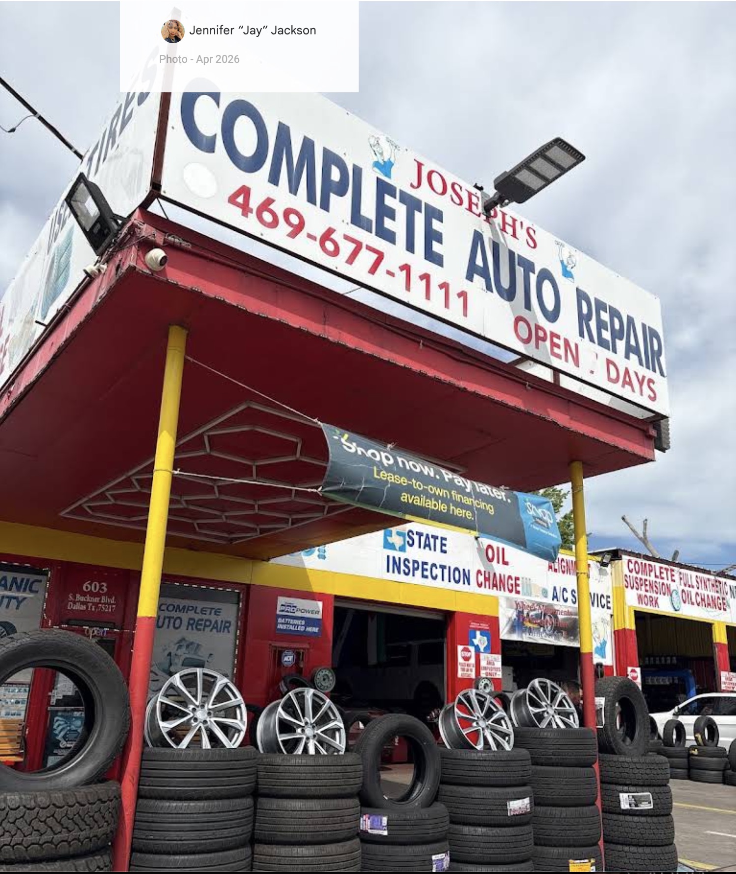 Joseph's Complete Auto Repair storefront with tires and rims